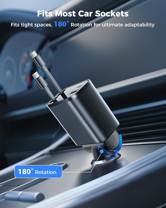 Ultra-Compact SUPERONE Retractable Car Charger with Dual Type C Cords, 69W Fast Retractable USB C Car Charger, 4 in 1 Car Accessories Car Chargers for iPhone 17 16 15 14 13 12 Galaxy Pixel
