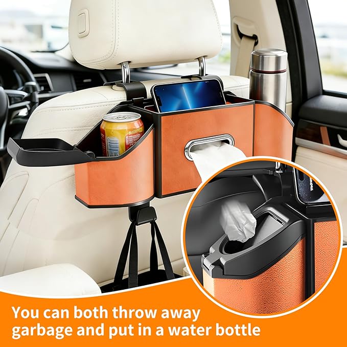 7-in-1 Multifunctional Car Seat Back Organizer, Car Back Seat Storage Box Trash Can & Cup Holder with Tissue Box, Hooks, Universal Fit for Most Cars, SUVs, Trucks (Orange)