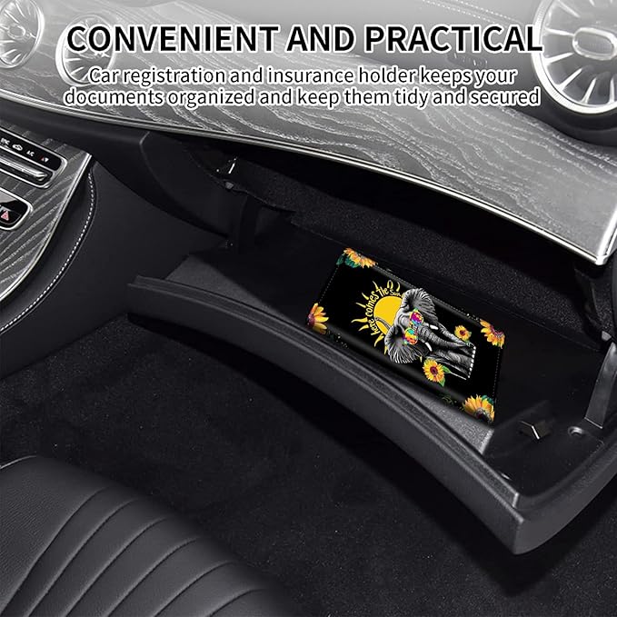 Car Registration and Insurance Card Holder, Vehicle License Documents Glove Box Compartment Organizer Wallet, ID Card Holder for Car Essentials Automobile, Elephant and Sunflowers