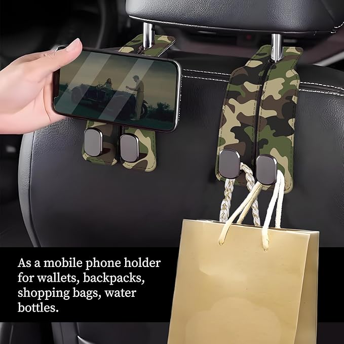 Car Seat Headrest Hook, Universal Leather Cute Hanger Holder Hook, Storage Organizer Interior Accessories for Purse Bags Handbag Green Camouflage