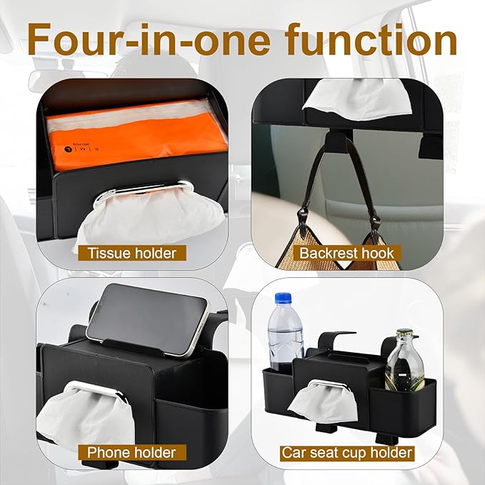 Back Seat Car Organizer, Multifunctional Car Seat Back Storage Box with Hook Tissue Box Cup Holder can Hold Phone Drinks Handbag fits Most Vehicles(COLOR:Black)