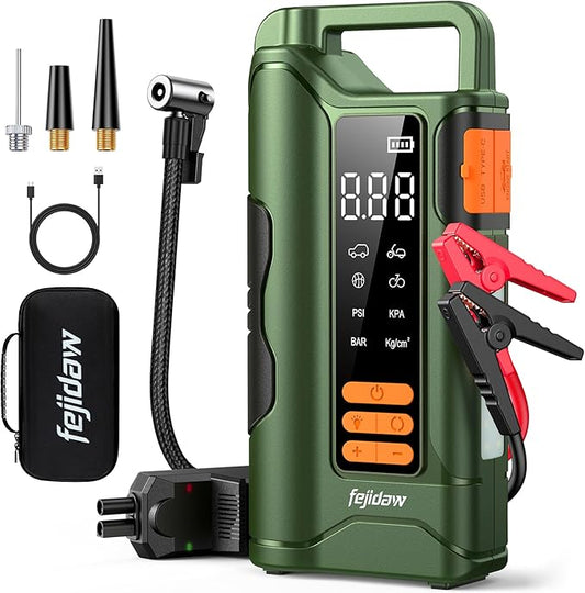 Jump Starter with Air Compressor,5000A Car Battery Jumper Starter, 16000mAh Battery Jumper Starter Portable for 10L Gas/Diesel Engine with 160PSI Booster,LED Display & Light,Jumper Cables