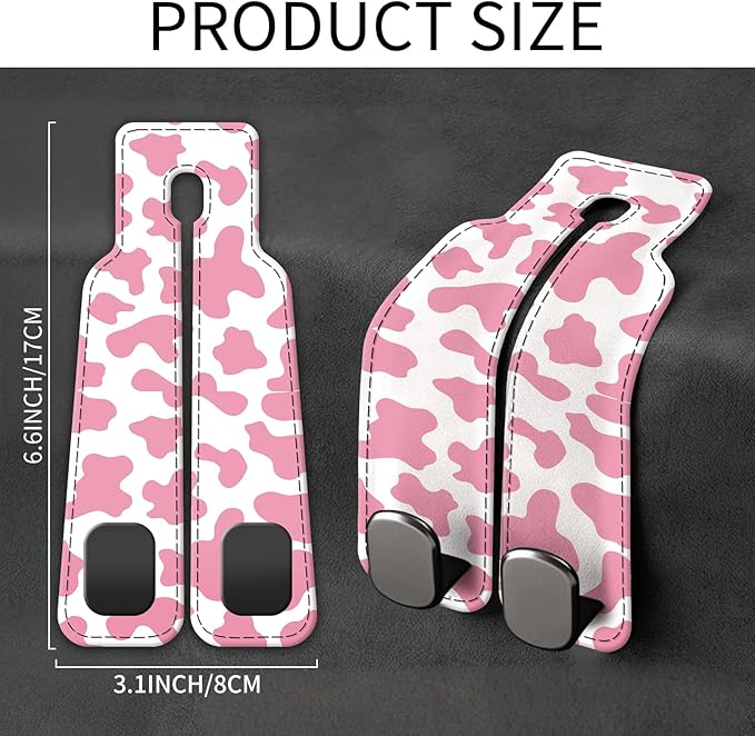 Car Seat Back Storage Headrest Hook, Premium Leather Double Metal Hook, Hanger Storage Organizer for Purse Cloth Bag, Car Interior Accessories Pink Cute Cowhide