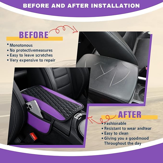 Leather Car Center Console Cover with Side Pockets, Upgraded Arm Rest Cover for Car Seat Organizer, Middle Console Cover Stylish Car Decoration, Universal for Most Vehicles (Purple)