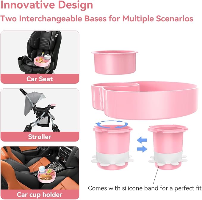 Kids Car Seat Cup Holder Snack Tray - Toddler Travel Essentials for Mess-Free Snacking on Road Trips, Travel Accessory Compatible with Safety Seats & Strollers Console, Pink