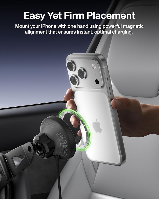 Belkin Tesla Phone Mount, Magnetic Wireless Car Mount for EV (Strong Magnet) w/ 3.3ft USB C Cable, Qi2 MagSafe Compatible Fast Charging for iPhone 17/16/15, Model 3, Model Y, etc. - Tesla Accessories