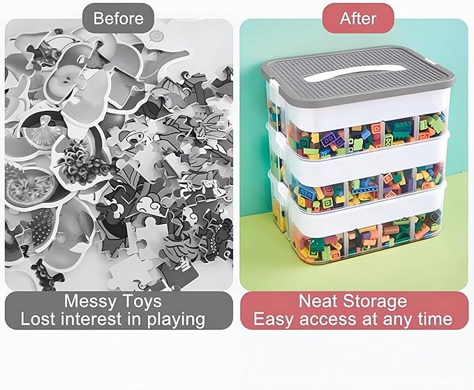 Toys Organizer Storage Case for Lego Box Kids Toy Stackable Building Blocks with Lids Bins Adjustable Lego Storage Containers Plastic Toy Box 3 Layer (Grey)