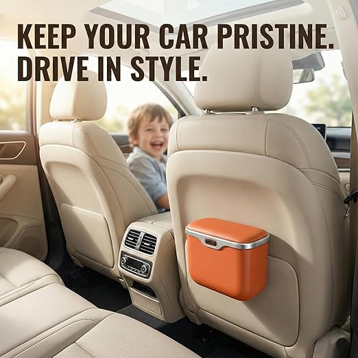 Car Trash Can with Lid - Leakproof Hanging Car Garbage Bin for Door & Seat Back - Waterproof Auto Trash Bag & Multifunctional Storage Organizer for SUV, Truck, Sedan (Orange)