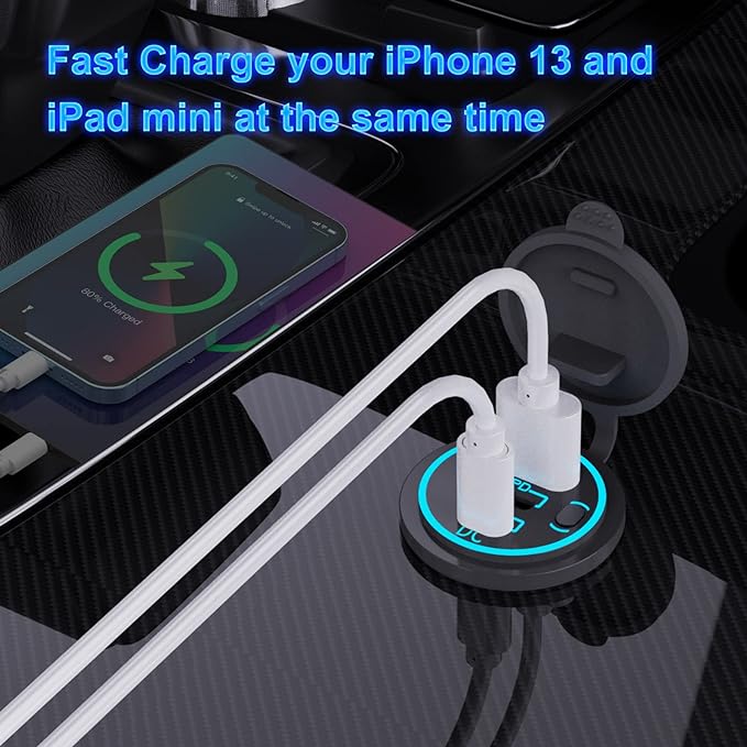 12V USB Outlet Wire USB Charger Multi Port, Dual PD3.0 USB-C and Quick Charge3.0 Car Port Socket with Power Switch, Fast Charge for Phone lPad Android Phones, Suitable for Car Boat RV Marine ATV
