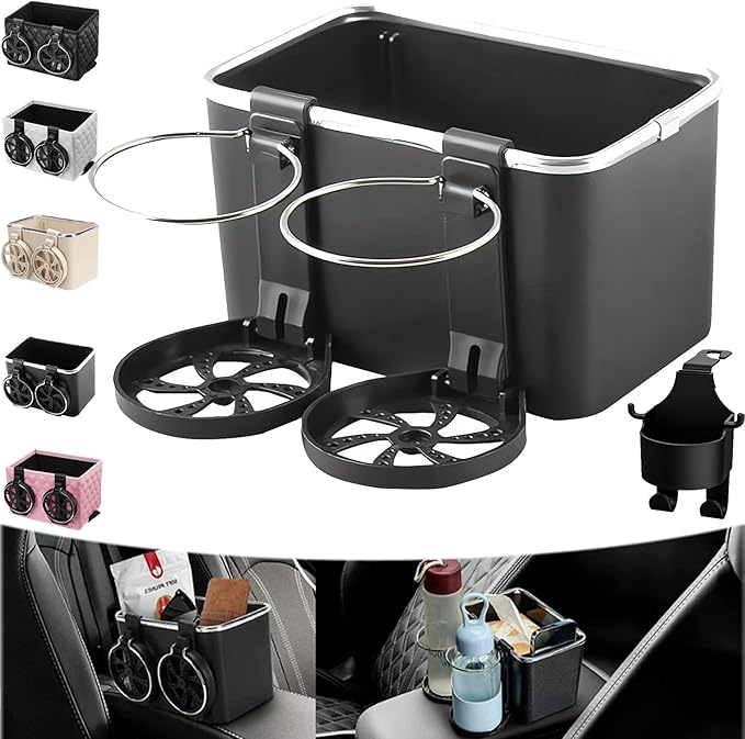 Car Armrest Storage Box with 2 Cup Holders - 2024 New Between Car Seat Organizer with Cup Holder, Universal Car Arm Rest Storage Box Organizer (Black A)