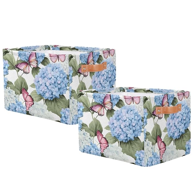 Blue Hydrangea Flowers Storage Baskets for Organizing, Fabric Collapsible Storage Bins Box Pink Butterfly Decorative Toy Organizer Baskets for Closet Shelves Gift Basket 2Pcs