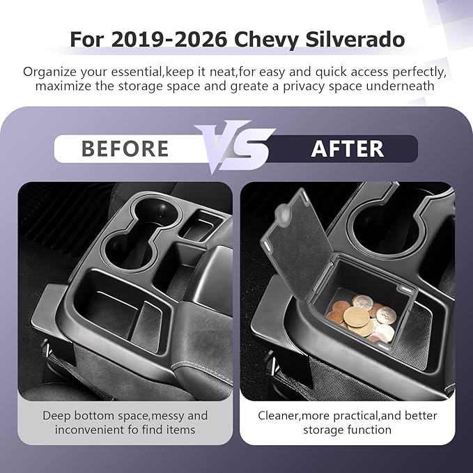 LUWU Center Console Coins Box Compatible with 2019-2026 Chevy Silverado/GMC Sierra 1500 & 2020-2025 2026 Chevrolet Silverado/Sierra 2500HD 3500HD Accessories (Split-Bench Folding Seat)