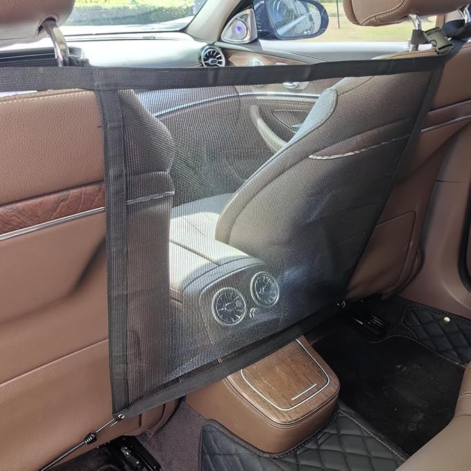 Dog Car Net Barrier, Pet Car Divider Back Seat Barrier Net, Vehicle Divider Mesh Gate on Backseat, Easy to Clean and Install, Adjustable for Universal Car Fit with Stretchy Bungee Cords