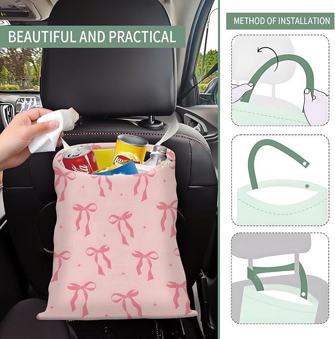 Cute Car Trash Can, Hanging Canvas Car Back Seat Organizer and Storage Bag, Funny Car Trash Bag for Travelling, Outdoor Cute Pink Bow Star