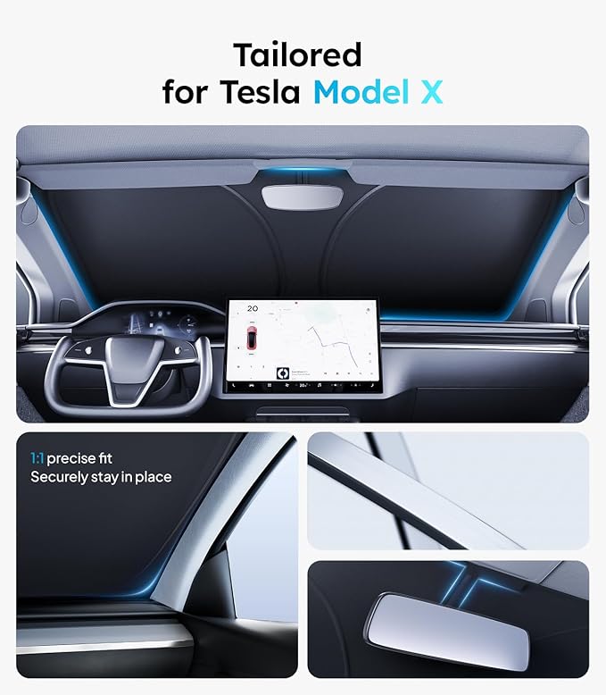 2026 Upgraded Accessories Tesla Model X Windshield Sunshade [Ice Shield Tech Fabric, 100% Sun Blockage], Foldable Heat Insulation Sunshade with Storage Bag, for Tesla Model X 2016~2026, Silver Coating