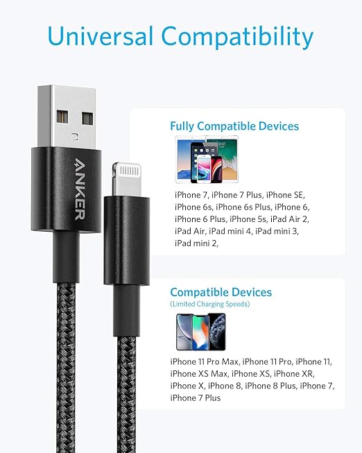 Anker 6 ft Premium Double-Braided Nylon Lightning Cable, Apple MFi Certified for iPhone Chargers, iPhone X/8/8 Plus/7/7 Plus/6/6 Plus/5s, iPad, iPad mini, and More (Black)