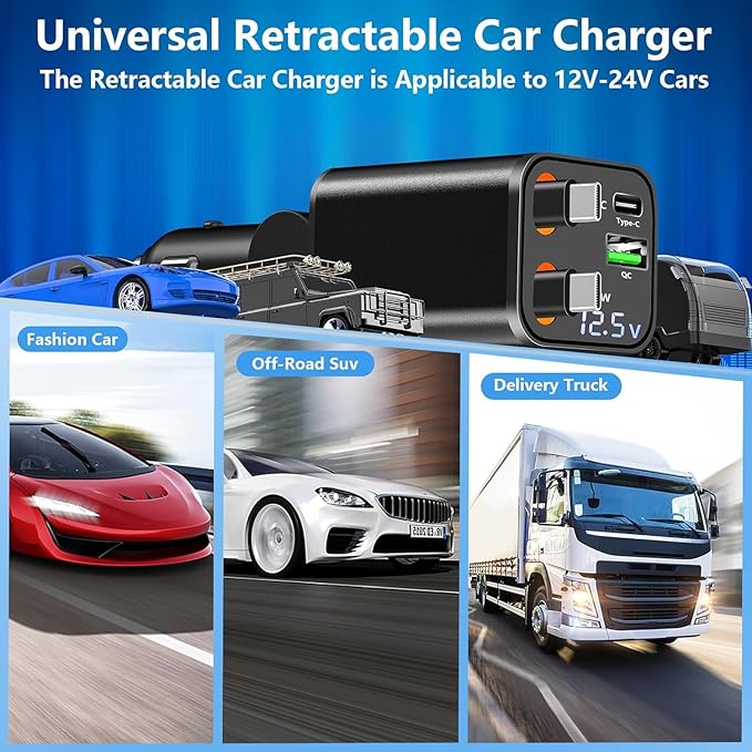 Retractable Car Charger, 120W USB-C Fast Charge Phone Charger for Car, 4-in-1 Dual Type-C Cables & USB-A QC Port, Car Charger for iPhone 17/16/15/14/13 Samsung Travel Essentials Gifts for Women & Men