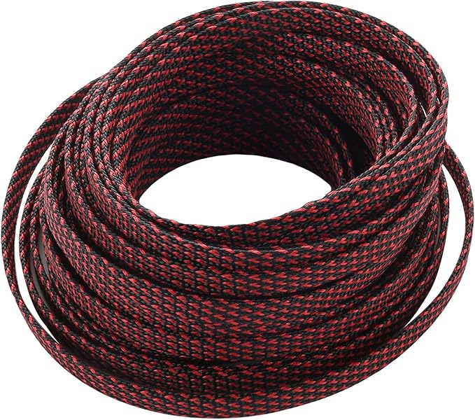 Aicosineg Cable Sleeve Braided Sleeving PET Wire Loom Tubing Cable 32.81ft-2/5inches Wrap Protector for HiFi Audio and Video Headphone Cable Protect Wires from Chewing of Pets Black and Red