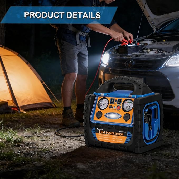 Car Battery Jump Starter with Air Compressor, 1800A Heavy-Duty Jump Starter 150 PSI Tire Inflator, 12V Jump Box Pack with 400W Inverter Power with AC/DC/USB Outlets& LED Light