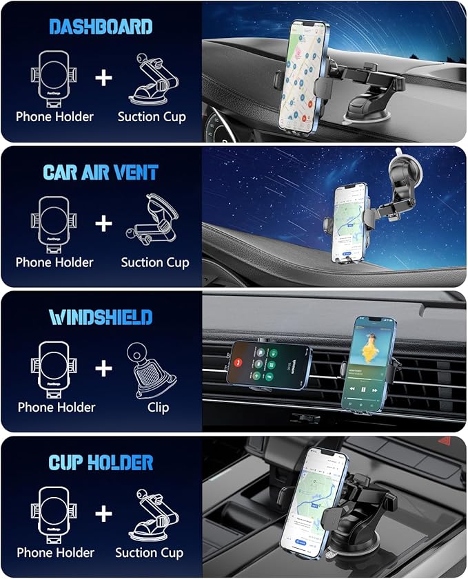 Wireless Car Charger, Fast Charging Phone Holder 3 in 1 Phone Mount Auto Clamping Car Accessories Compatible with iPhone 17 16 15 14 13 12 11 Xs XR, Samsung S23 Ultra S22 S21 S20/S10+ S9+ Note 9