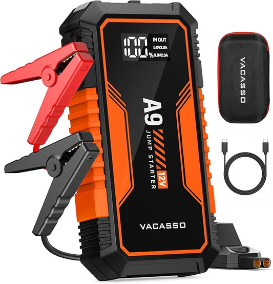 Jump Starter 4000A, VACASSO A9 Battery Jumper Starter Portable (7L Gas/4L Diesel), 12V Car Battery Booster Jump Starters Pack, Jumpstart with USB Ports, Jumper Cables, LED Light, Storage Case