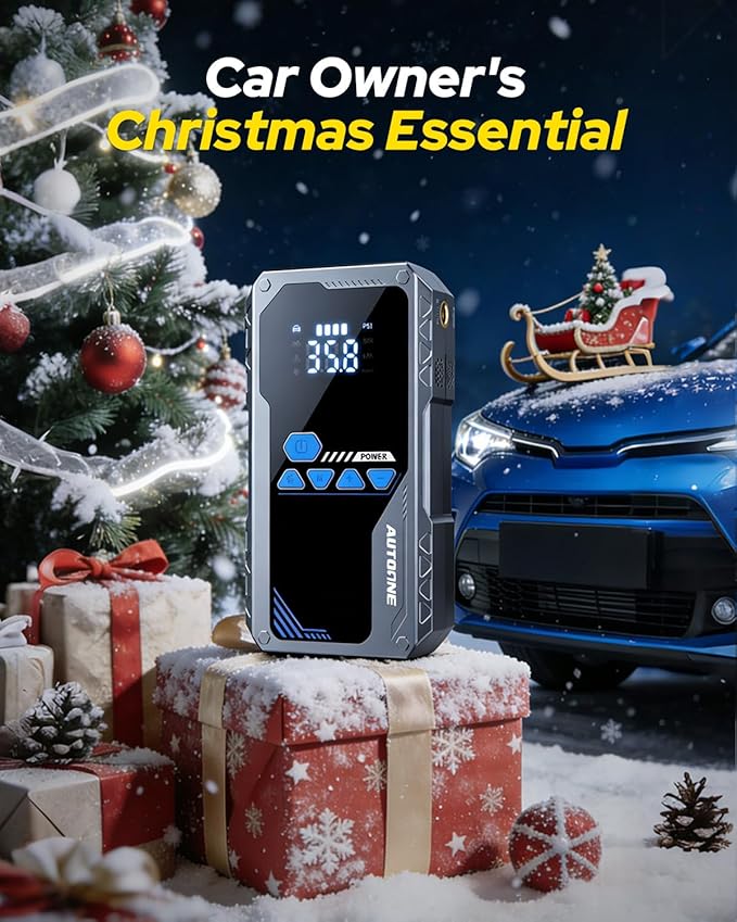 AUTOONE JWA2 Jump Starter with Air Compressor (All Gas/12L Diesel), 150PSI Car Jumper Starter Portable, Jump Box Tire Inflator with LED Flashlight, LCD Display, Storage Case