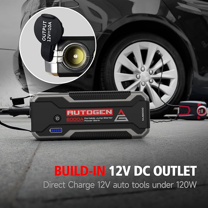 Car Jump Starter 6000A, AUTOGEN Portable Battery Jumper Starter All Gas and 10.0L Diesel Engine, Jump Start Battery Pack and Jump Box with 12V DC Output and EVA Case
