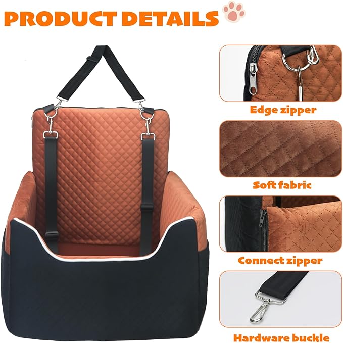 ALL GOOD PET SUPPLIES Dog Car Seat for Small/Medium Dogs Under 35lbs, Soft Booster Car Seat with Detachable Washable Cover and Cushion, Puppy Dog Car Bed, Black/Brown