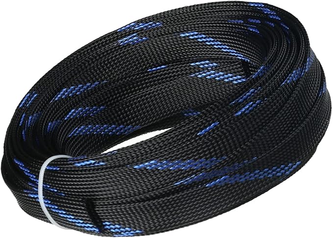 Aicosineg 32.81ft PET Flexible Braided Cable Sleeve 0.62inch Width Wire Loom Sleeving and Organizer Flexible Wire Mesh Sleeve for TV Audio PC Cords from Pets Chewing Black and Blue