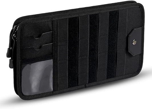 Semi-Rigid Car Sun Visor Organizer, Molle Panel Vehicle Storage with Zipper Pouch for Tactical Gears, Fits Cars, SUVs & Trucks
