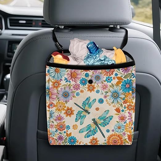 Dragonfly and Boho Mandala Car Trash Can Leakproof Trash Bin Car Garbage Can Hanging Water-Resistant Collapsible Auto Trash Bag Car Accessories for Women Men