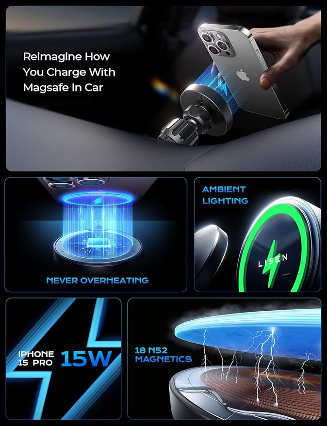 LISEN for 15W MagSafe Car Mount Charger,iPhone Magnetic Wireless Car Charger for iPhone 16 Pro Max Accessories,Car Phone Holder For iPhone 16 15 14 13 12,Samsung with MagSafe Case,Gifts for Men,Sliver