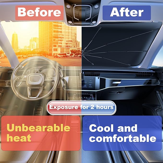 Windshield Sun Shade Umbrella for Car Front Window Sun Visor for Windshield Car Summer Accessories Protect Interior from UV Rays & Heat for Sedan, Compact SUV, Hatchbacks 57"*31"