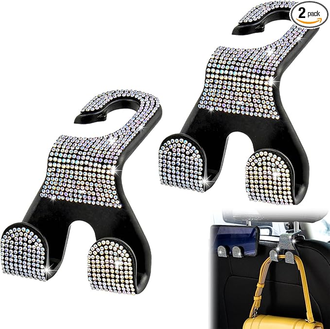MTGOCHA Car Headrest Hooks Bling, 2 in 1 Purse Hook for Car Seat Hooks Rhinestone Purse Hangers Holder Universal Bag Hooks Bling Car Accessories for Women 2pcs, AB Bling