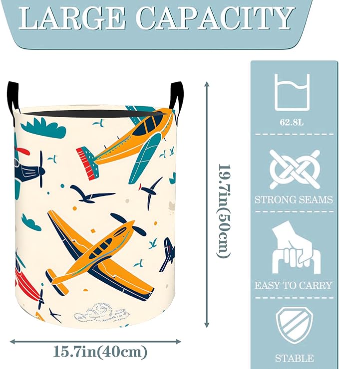 Retro Colorful Airplane Sky Laundry Basket, Dirty Collapsible Clothes Toy Organizer Hamper for Kids Adults, Oxford Cloth Waterproof Storage Bin for Room Bathroom Home Decor Gifts, 19.7"X15.7"
