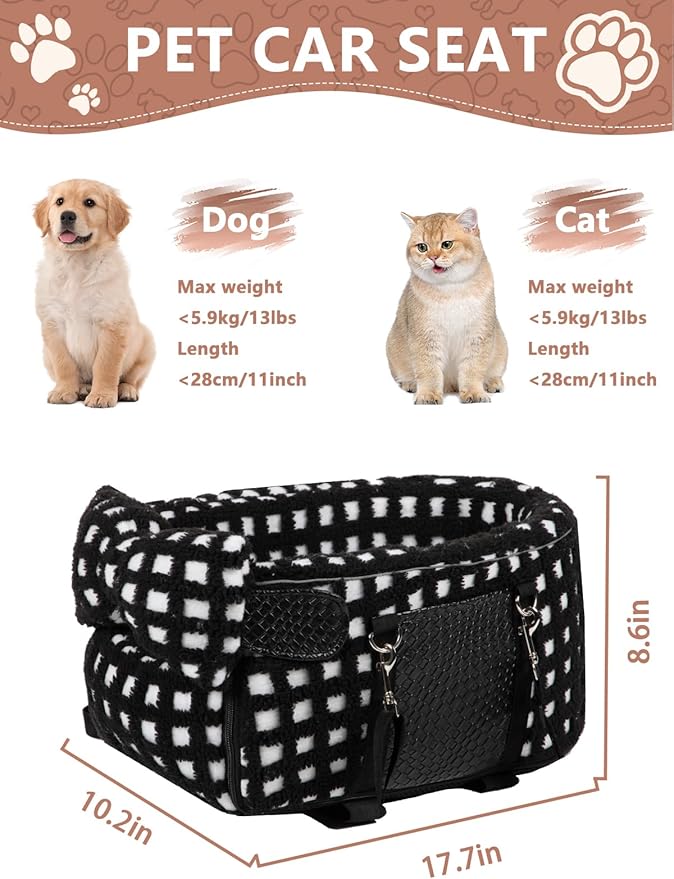 Prpeko Portable Dog & Cat Car Seat - Under 13 lbs, With Cozy Bow Neck Pillow (Grid-Black)