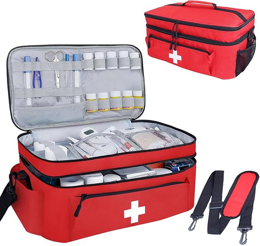 ALSLEA First Aid Bag Empty Large Medical Bag with Shoulder Strap 16”x 9½” x 7” Medicine Organizer Box Travel First Aid kit Emergency Supplies Storage Bag for Car, Home, Office, Outdoor (Red)
