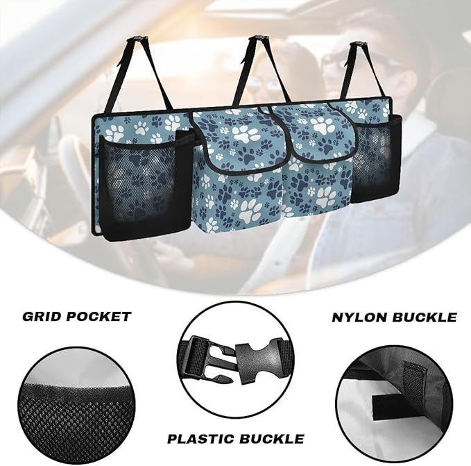 Funny Dog Paw Prints Car Trunk Organizer, Hanging Car Back Seat Storage Bag with 4 Pockets, Universal Automotive Interior Accessories, Keep Your Trunk Tidy