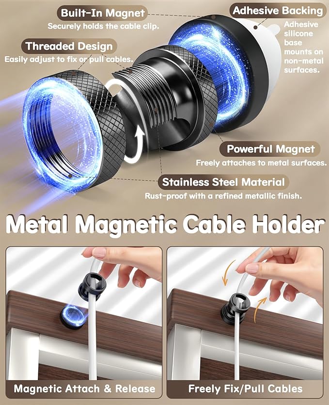 Maveek Magnetic Cable Holder 6 Pack, Stainless Steel Cord Clips Wire Organizer Office Desk Accessories USB Charging Cords Management Nightstand (Metallic Black)