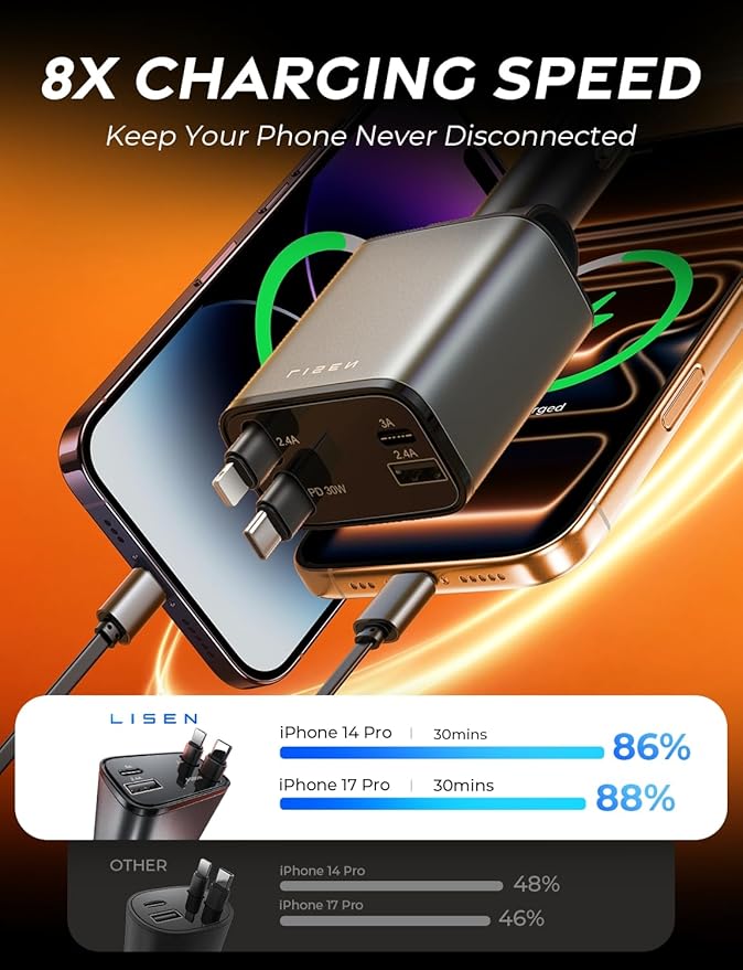 LISEN Retractable Car Charger [69W USB C Car Accessories Adapter ] for iPhone 17 USB C Charger Fast Charging, Travel Essentials Gifts for Women Men, Early Today 2025