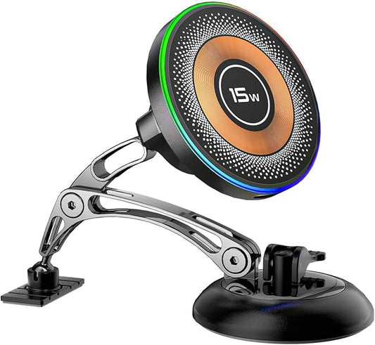 ZBF Magnetic Wireless Charging Car Phone Holder with 15W Fast Charging & Strong Vacuum Suction, 360° Rotatable Dashboard & Windshield Mount for Magsafe iPhone 17/16/15/14/13 Android Galaxy S24/S23/S22