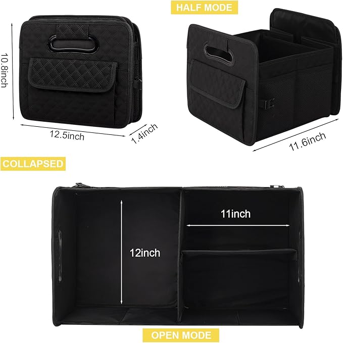 JiatuA Car Trunk Organizer for SUV, Car Storage Organizer Collapsible Multi Compartment Container Box, Adjustable Car Accessories for Women/Men, Black