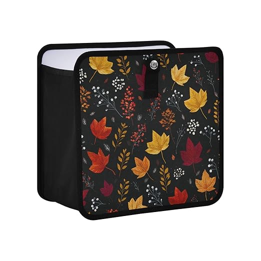 Car Trash Can Organizer Bin with Adjustable Strap for Back Front Seat Console Waterproof Leakproof Collapsible Portable 11 Inch Autumn Leaf Pattern Black