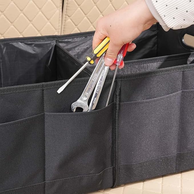 Car trunk storage box Foldable sedan SUV Universal outing travel good goods Multi compartment partition with handle (black)
