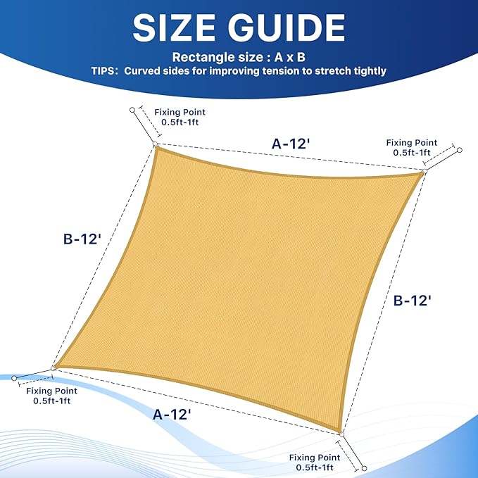 RoomHacks 12'x12' Sun Shade Sail, UV Protection Outdoor Shade, Curved Tear Resistant Heavy Duty Sun Shade for Patio Garden, Backyard, Deck, Car Port, Playground, (Sand)