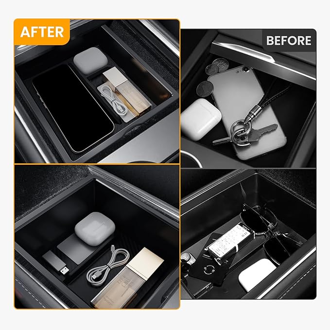 Center Console Organizer for Tesla Accessories: 3PCS Center Console Storage Hidden Box Armrest Tray for Tesla New Model 3 (2024-2026)/Model Y Juniper(2025-2026) with ABS PVC Easy Cleaning Anti-Slip