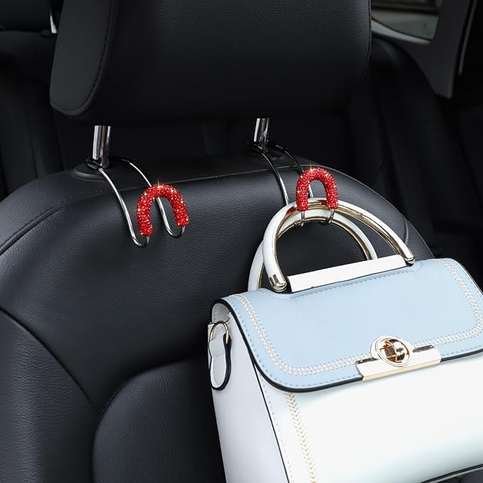 Soleebee 2 Pack Bling Car Headrest Hooks Crystal Rhinestones Universal Car Seat Hook Auto Hook Durable Car Back Seat Hangers Storage Organizer (Red)