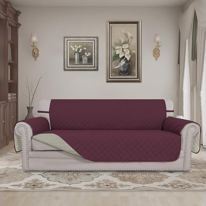Easy-Going 4 Seater Sofa Slipcover Reversible Sofa Cover Water Resistant Couch Cover with Foam Sticks Elastic Straps Furniture Protector for Pets Children Dog Cat (XX-Large, Wine/Beige)
