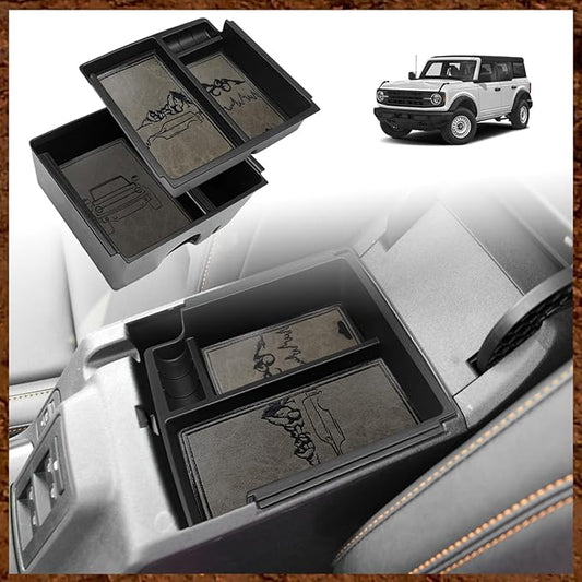 TripleAliners Center Console Organizer Compatible with 2021-2024 Ford Bronco(No for Sport) Accessories 2/4-Door Center Console Storage Box ABS Material with Leather Trim(V2_Retro Grey) Won't Fit 2025