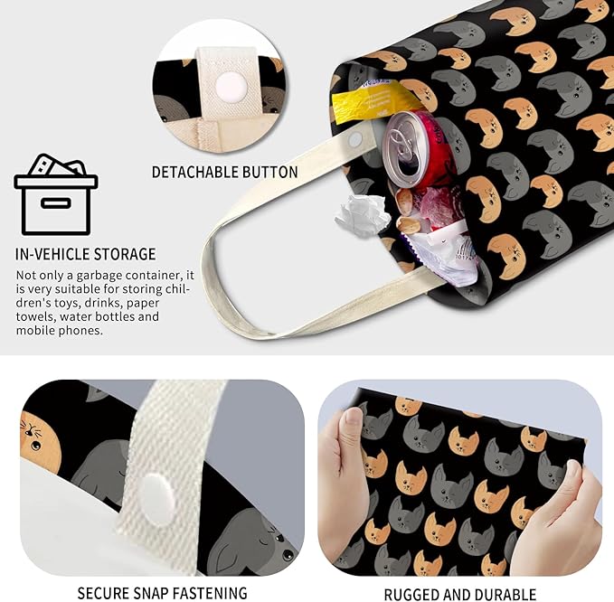 Cute Car Trash Can, Hanging Canvas Car Back Seat Organizer and Storage Bag, Funny Car Trash Bag for Travelling, Outdoor Funny Grey Yellow Cats